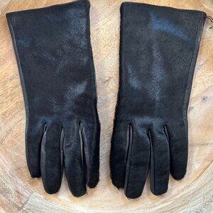 Black Leather Gloves with Pony Skin, Size 7, Made in Italy